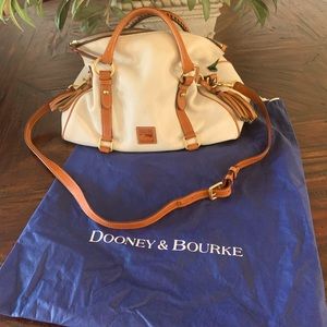 Dooney & Bourke pebble ivory with coffee leather adornments, strap and handles